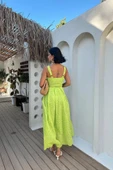 Yağ Yeşili Askılı Aparatlı Brode Elbise - 3