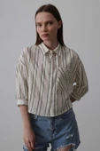Çizgili Kısa Gömlek - Bej-Yeşil thumbnail 3
