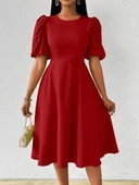 Kadın Kısa Balon Kollu Bisiklet Yaka Kiloş Janjan Krep Elbise thumbnail 4