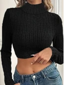 Kadın Uzun Kollu Balıkçı Yaka şardonlu Kaşkorse Krop Bluz - 2