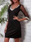 Kadın Fakir Kollu V Yaka Kollar Tüllü Yaka Ve Bilekler Payet Detay Krep Elbise thumbnail 9