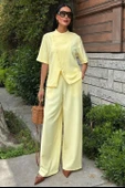 Hakim Yaka Çapraz Düğmeli Plazzo Pantolon Viscon Keten Takım 10209 thumbnail 6