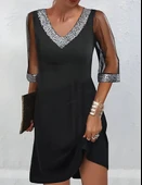 Kadın Fakir Kollu V Yaka Kollar Tüllü Yaka Ve Bilekler Payet Detay Krep Elbise thumbnail 12