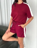 Osy Modal Yumuşak Dokulu Kumaş Parçalı Bisiklet Yaka T-shirt Kısa Şort İkili Takım -  Bordo thumbnail 1