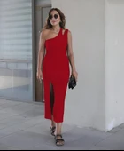 Kadın Kolsuz Tek Omuz Damla Detay JanJan Krep Elbise thumbnail 2