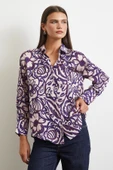 Çiçek Desenli Saten Gömlek Mor thumbnail 3