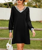 Kadın Siyah Uzun Kollu Kollar Tül Yırtmaçlı V Yakalı Kısa Krep Elbise thumbnail 5