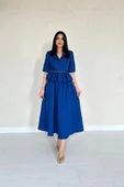 Lacivert İnce Kemerli Fırfırlı Ceket Ve Büzgülü Etek Takım thumbnail 1