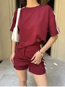 Osy Modal Yumuşak Dokulu Kumaş Parçalı Bisiklet Yaka T-shirt Mini Şortlu Etek İkili Takım -Bordo thumbnail 2