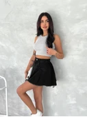 Şık Pileli Yazlık Mini Etekli Kot- Siyah - 4