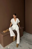 KETEN V YAKA BELDEN BAĞLAMALI BLUZ-PANTOLON TAKIM - Beyaz thumbnail 1