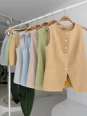 Uzun Yelek Mini Etek Flamlı Keten Takım 10148 thumbnail 10