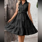 Kadın Kısa Kollu Gömlek Yaka Düğmeli Beli Kuşaklı Katlı Dokuma Midi Elbise - 10