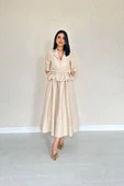 Bej İnce Kemerli Fırfırlı Ceket Ve Büzgülü Etek Takım thumbnail 2