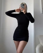 Kadın Uzun Kollu Balıkçı Yaka Büzgü Detay Kaşkorse Kumaş Mini Elbise thumbnail 1