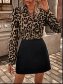 Kadın Uzun Kollu Kruvaze Yaka Krep Mini Boy Elbise thumbnail 3