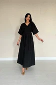 Siyah Pileli Uzun Elbise - 1