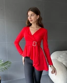 Kadın Kruvaze Yaka Kemer Detay Asimetrik Kesim Bluz thumbnail 2