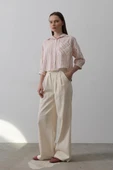 Çift Pileli Palazzo Pantolon - Natür thumbnail 3