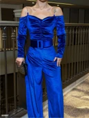 Kadın Modanna Yaka Zincir Askı Detay Kemer Dahil Kadife Kumaş Tulum thumbnail 1