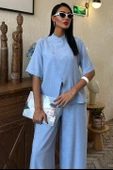 Hakim Yaka Çapraz Düğmeli Plazzo Pantolon Viscon Keten Takım 10091 thumbnail 4