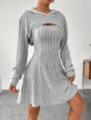 Kadın Uzun Kollu Kapüşonlu Ceket üst Ve Askısız Kare Yaka A Kesim şardonlu Kaşkorse Elbise thumbnail 3