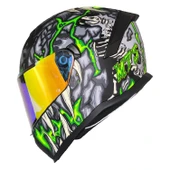 MTS M-910 SKULL MAT SİYAH-YEŞİL-BEYAZ GÜNEŞ VİZÖRLÜ KASK (GOLD CAMLI) thumbnail 1