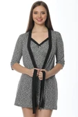 Moda Çizgi Bayan Gri Leopar Desenli Gecelik Sabahlık Takım 1107 - 1