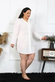 Moda Çizgi Kadın Büyük Beden Pamuk Dokuma Düğmeli Uzun Kol Ekru Tunik Gecelik 12201 - 5