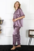 Moda Çizgi Kadın Büyük Beden Mor Saten Pijama Takımı 10303 - 2