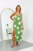 Moda Çizgi Kadın Büyük Beden İp Askılı Pamuklu Uzun Gecelik 12104 Yeşil - 2