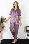 Moda Çizgi Kadın Büyük Beden Mor Saten Pijama Takımı 10303 - 3