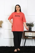 Moda Çizgi Kadın Büyük Beden Mercan Pijama Takımı 202404 - 4