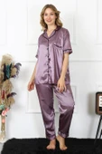 Moda Çizgi Kadın Büyük Beden Mor Saten Pijama Takımı 10303 - 1