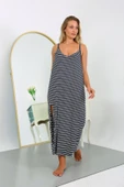 Moda Çizgi Kadın Büyük Beden İp Askılı Pamuklu Uzun Gecelik 12107 - 1