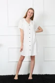 Moda Çizgi Kadın Dokuma Kumaş Önden Düğmeli Beyaz Tunik Gecelik 1031 - 2