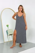 Moda Çizgi Kadın Büyük Beden İp Askılı Pamuklu Uzun Gecelik 12107 - 2