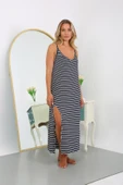 Moda Çizgi Kadın Büyük Beden İp Askılı Pamuklu Uzun Gecelik 12107 - 5