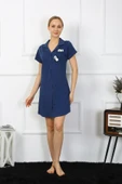 Moda Çizgi Kadın Pamuk Penye Kısa Kol Düğmeli Lacivert Tunik Gecelik 13109 thumbnail 5