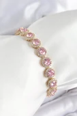 Pirinç Pembe Zirkon Taşlı Daire Baget Model Gold Renk VIP Seri Kadın Bileklik - 1