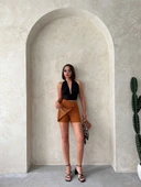 Kapaklı şort etek camel s208 - 6