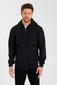 METALIC Siyah Kanguru Cepli Kapüşonlu Fermuarlı İçi Pamuklu Erkek Hırka thumbnail 3
