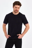Erkek Siyah Basic Kolları Şeritli %100 Pamuk Bisiklet Yaka Regular Fit T-shirt thumbnail 10