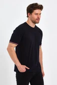 Erkek Siyah Basic Kolları Şeritli %100 Pamuk Bisiklet Yaka Regular Fit T-shirt thumbnail 11