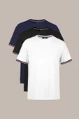 Erkek Basic Kolları Şeritli %100 Pamuk Bisiklet Yaka Regular Fit 3'Lü T-shirt - 1