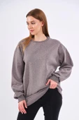 Kahve Kadın Pamuklu Oversize Basic Bisiklet Yaka Sweatshirt thumbnail 4