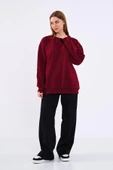 Bordo Kadın Pamuklu Oversize Basic Bisiklet Yaka Sweatshirt thumbnail 3