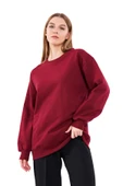Bordo Kadın Pamuklu Oversize Basic Bisiklet Yaka Sweatshirt thumbnail 1