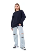 Lacivert Kadın Pamuklu Oversize Basic Bisiklet Yaka Sweatshirt - 1