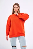 Turuncu Kadın Pamuklu Oversize Basic Bisiklet Yaka Sweatshirt thumbnail 2